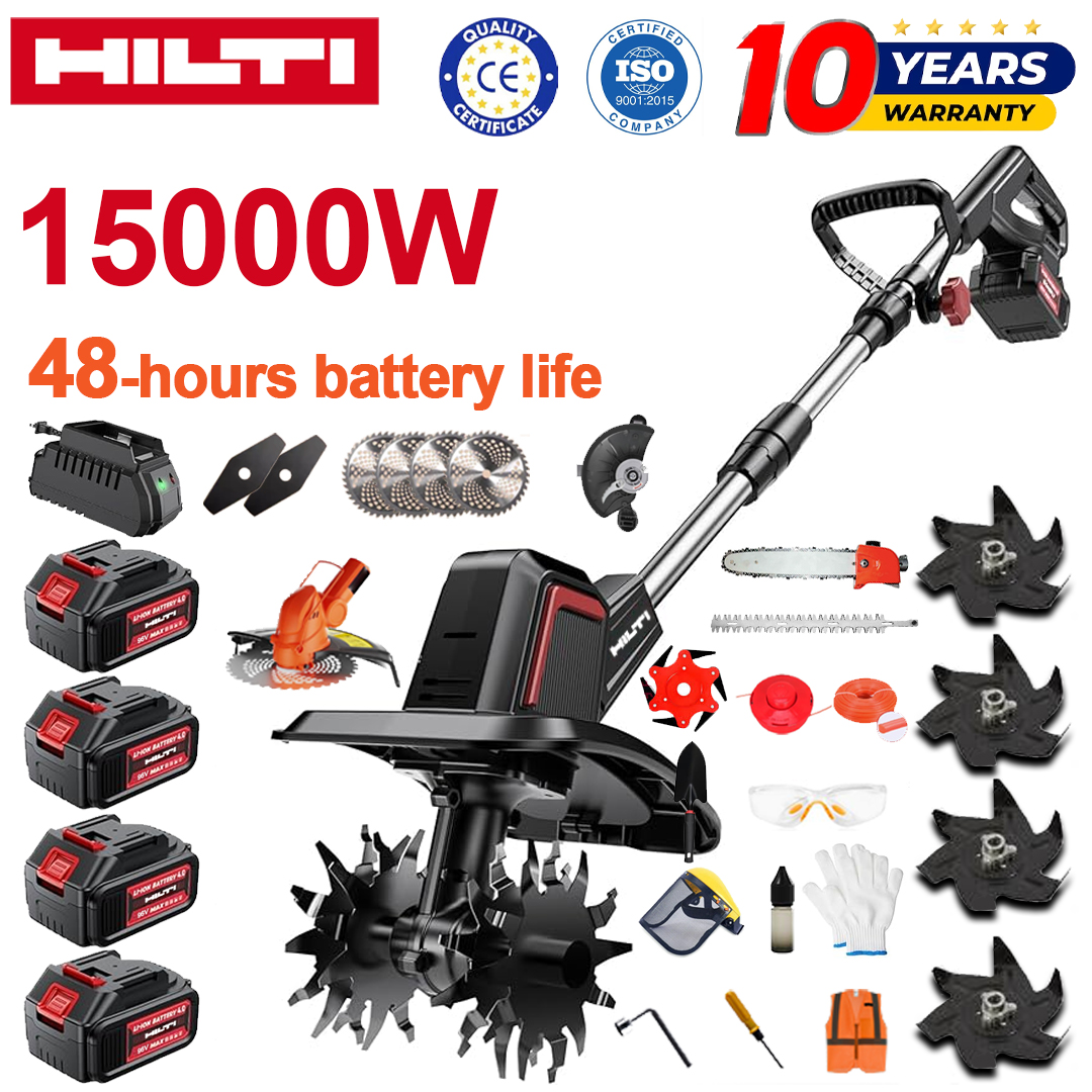 (Trajanje baterije 48 sati) Plug od 15000 W + 96 V litijska baterija * 4 + glava za rezanje * 1 + pila * 1 + glava za škare za živicu * 1 + brzi punjač * 1 + lopata * 1 + ravna oštrica * 2 + oštrica za plug * 4 + list pile od legure * 1 + rezna oštrica * 1 + rezno uže * 1 + razni dodaci