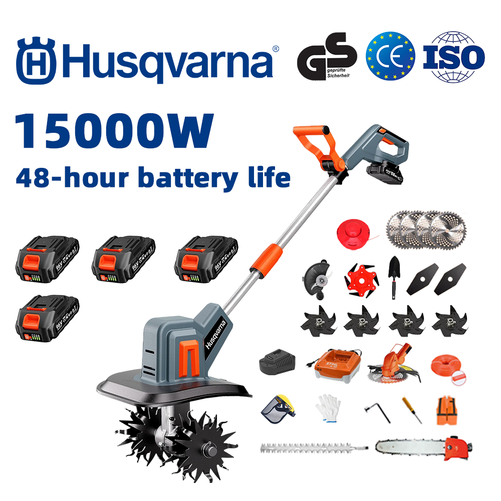 (Trajanje baterije: 48 sati) Plug od 15000 W + 96 V litijska baterija * 4 + rezna glava * 1 + pila * 1 + glava škara za živicu * 1 + brzi punjač * 1 + lopata * 1 + ravna oštrica * 2 + oštrica pluga * 4 + list pile od legure * 1 + rezna oštrica * 1 + rezno uže * 1 + razni dodaci